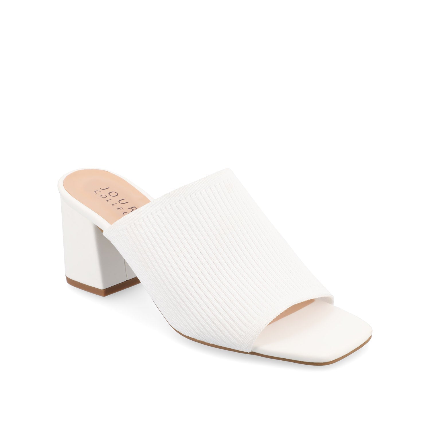 Journee LORENNA MULE BLOCK HEELS IN KNIT FABRIC - White