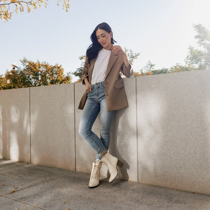 Journee BAYLOR LACE-UP BOOTIES IN WIDE - Bone Faux Suede