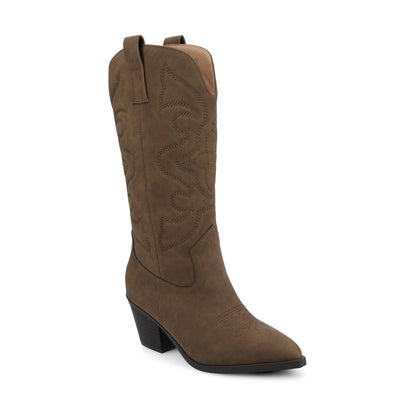 Journee CHANTRY COWGIRL VEGAN LEATHER BOOTS IN WIDE CALF - Brown PU