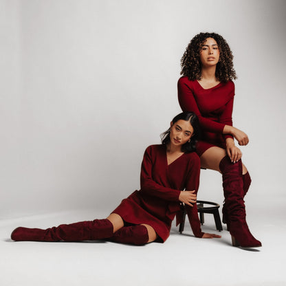 Journee KAISON THIGH HIGH BOOTS IN FAUX SUEDE - Wine Faux Suede