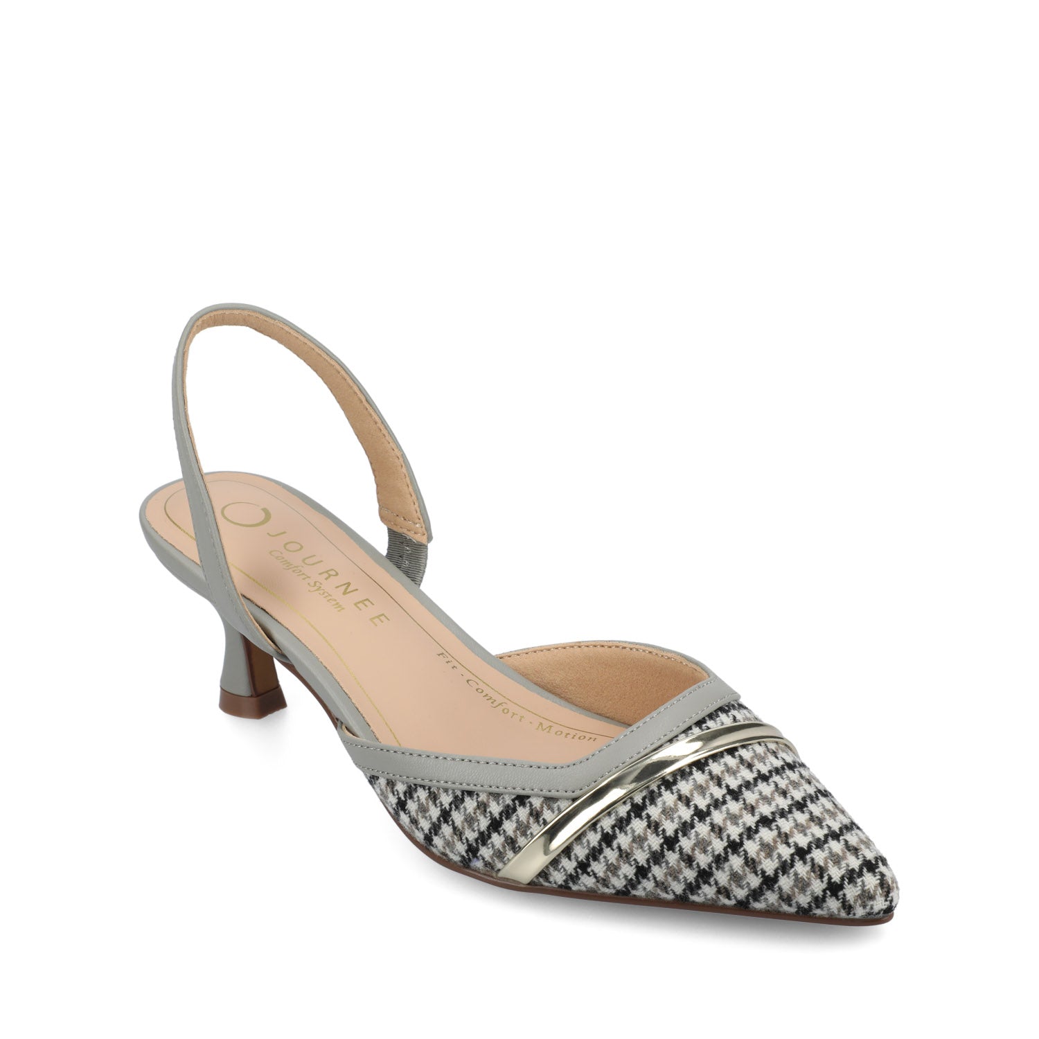 Journee NELLIA SLINGBACK KITTEN HEELS IN TWEED - Grey Houndstooth Tweed