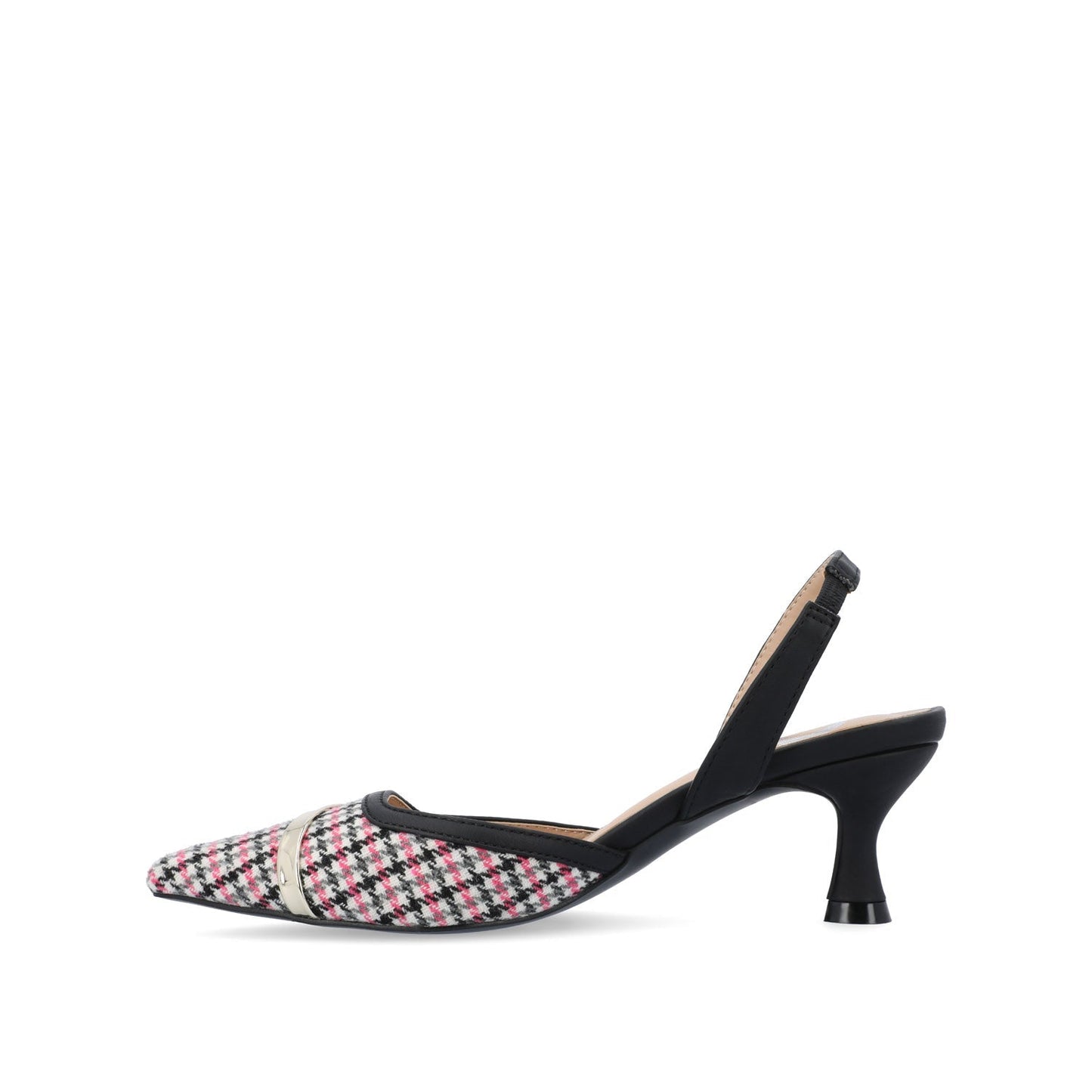 Journee NELLIA SLINGBACK KITTEN HEELS IN TWEED - Black and Pink Houndstooth