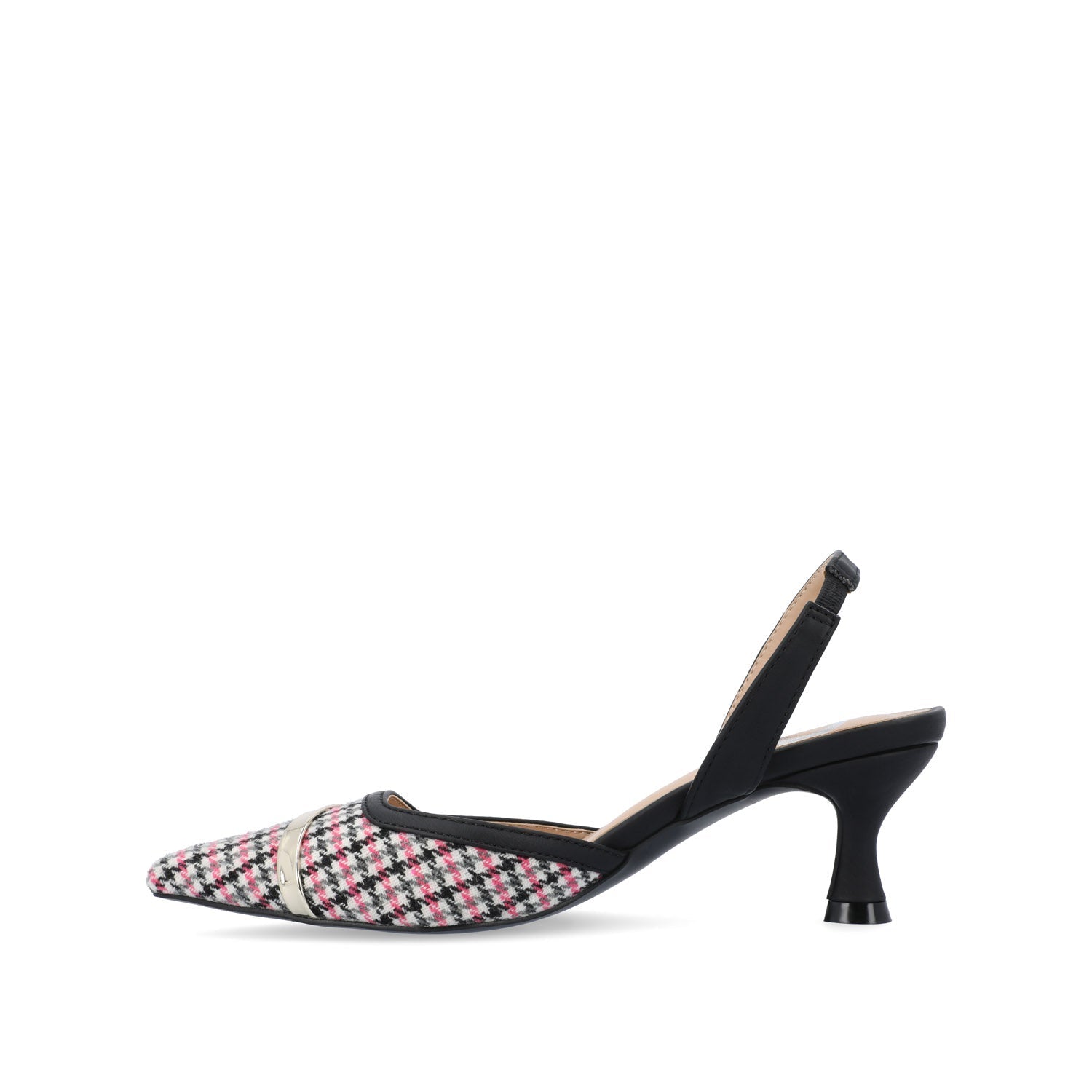 Journee NELLIA SLINGBACK KITTEN HEELS IN TWEED - Black and Pink Houndstooth