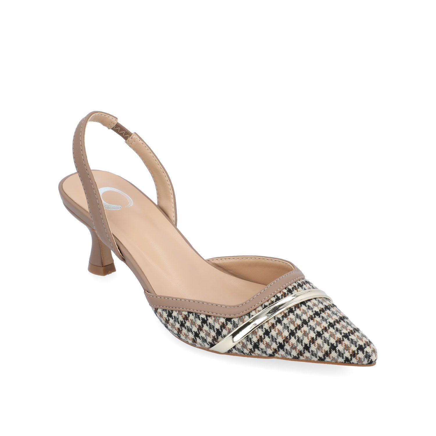 Journee NELLIA SLINGBACK KITTEN HEELS IN TWEED - Taupe Houndstooth Tweed