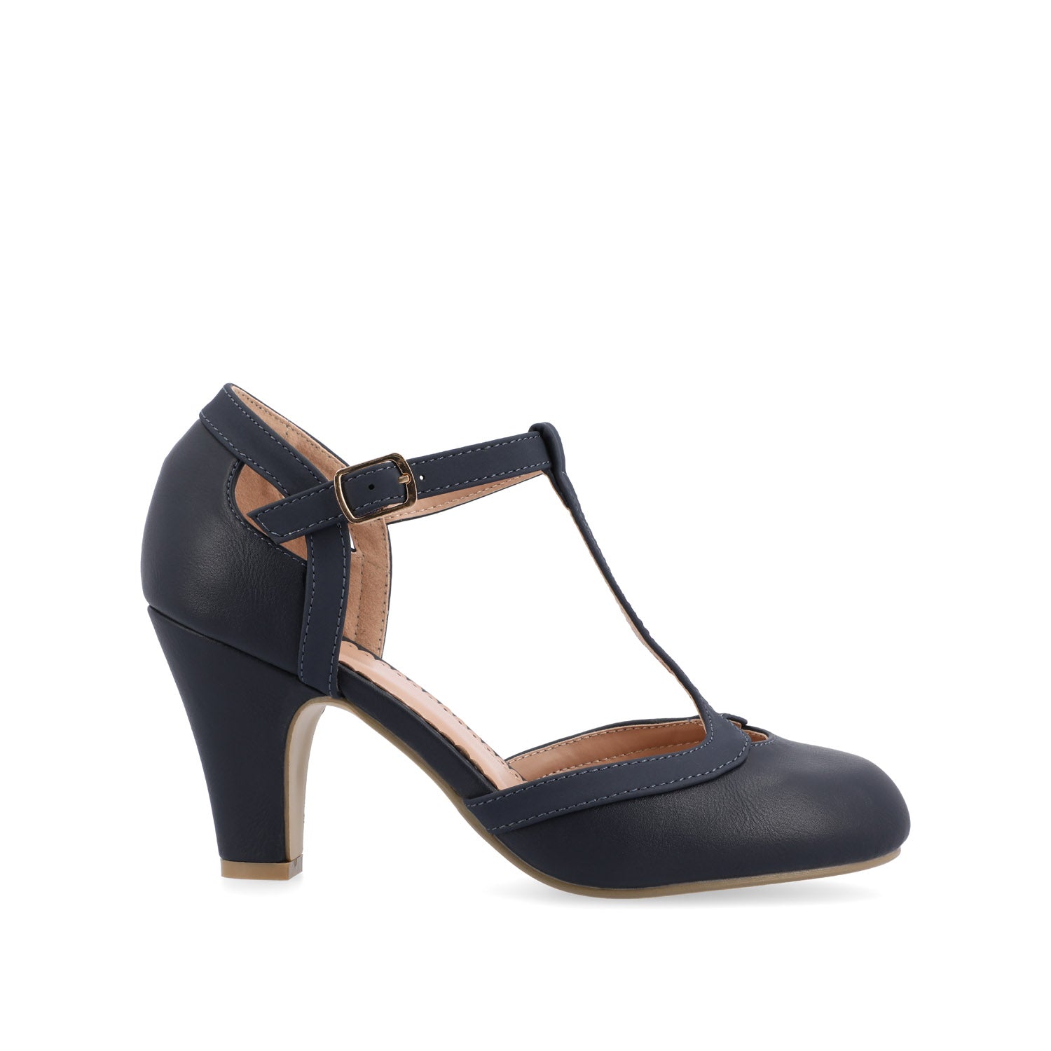 Journee OLINA T-STRAP PUMP HEELS IN VEGAN LEATHER - Navy Nubuck