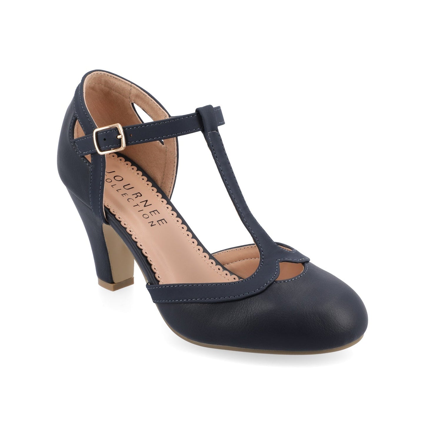 Journee OLINA T-STRAP PUMP HEELS IN VEGAN LEATHER - Navy Nubuck