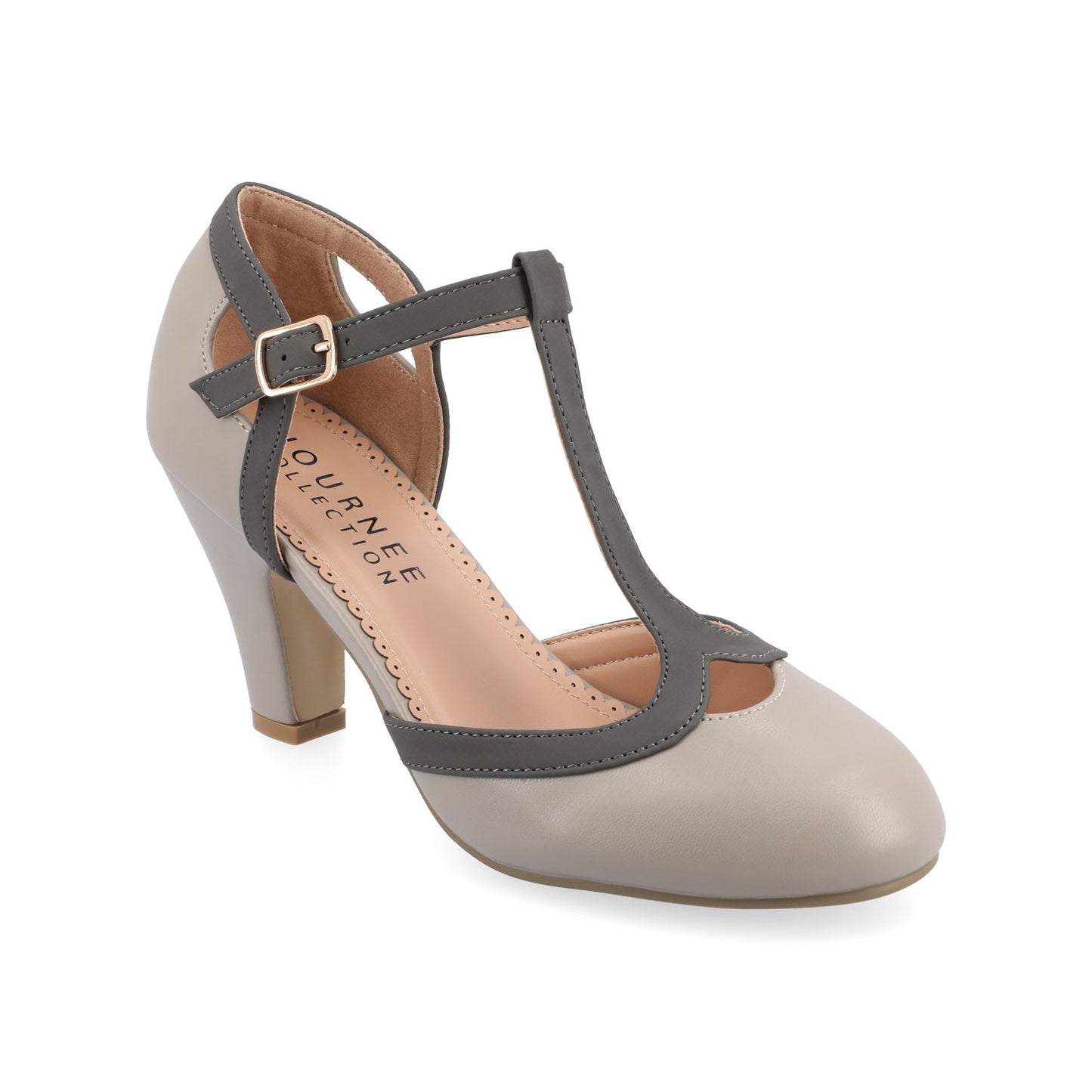 Journee OLINA T-STRAP PUMP HEELS IN VEGAN LEATHER - Grey