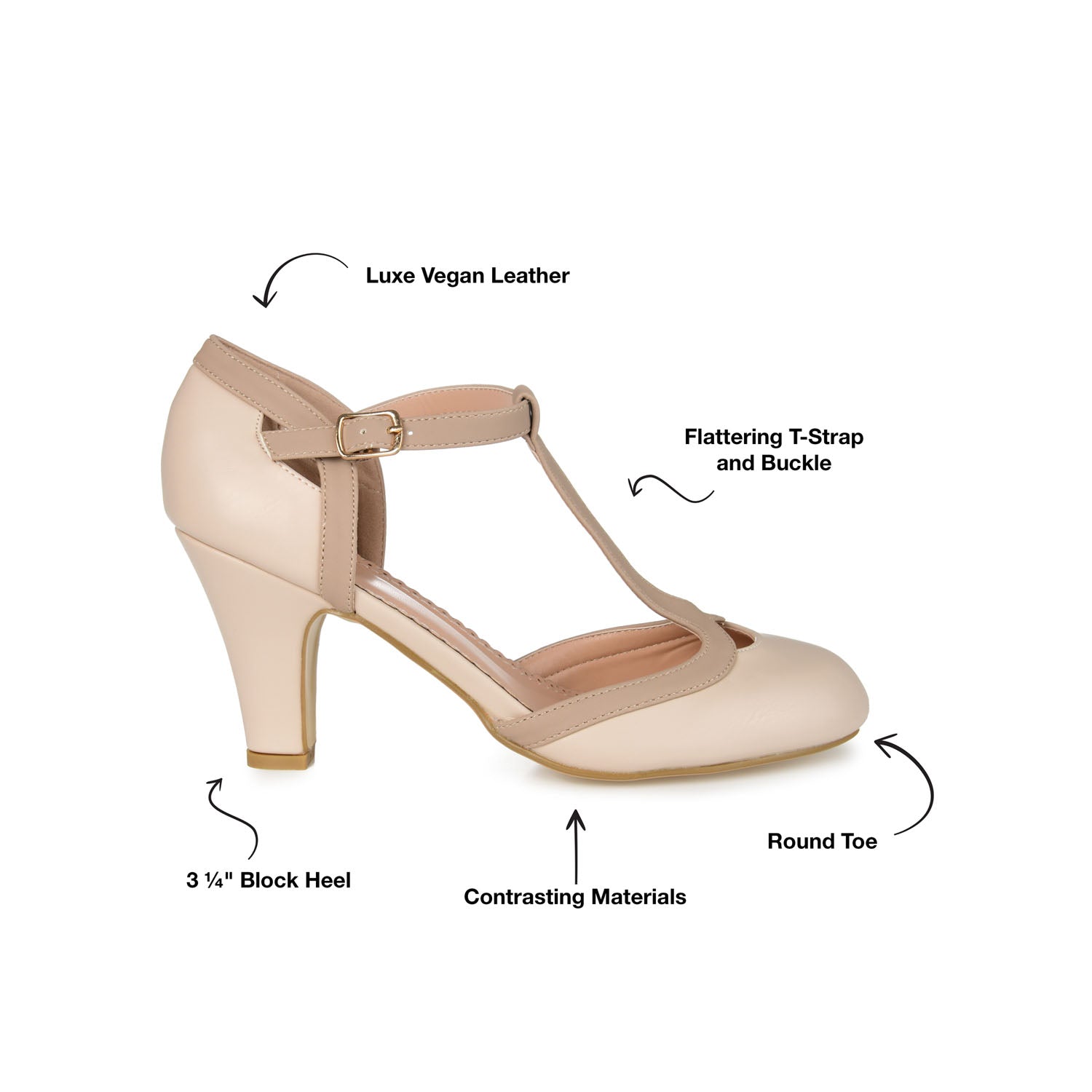 Journee OLINA T-STRAP PUMP HEELS IN VEGAN LEATHER - Nude