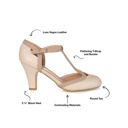 Journee OLINA T-STRAP PUMP HEELS IN VEGAN LEATHER - Nude