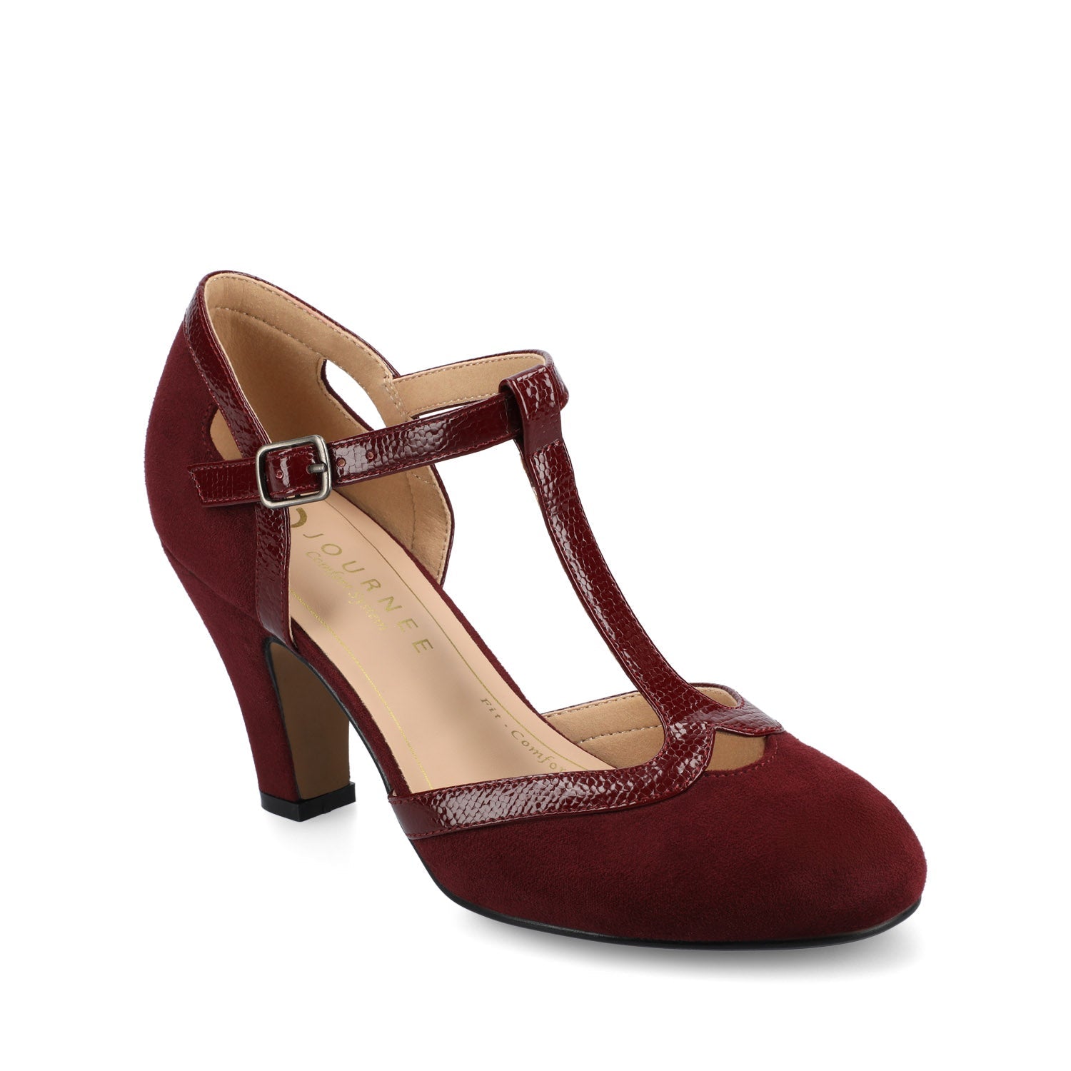 Journee OLINA T-STRAP PUMP HEELS IN VEGAN LEATHER - Oxblood Suede
