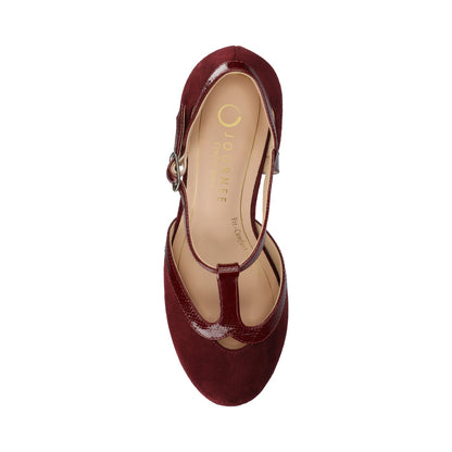 Journee OLINA T-STRAP PUMP HEELS IN VEGAN LEATHER - Oxblood Suede