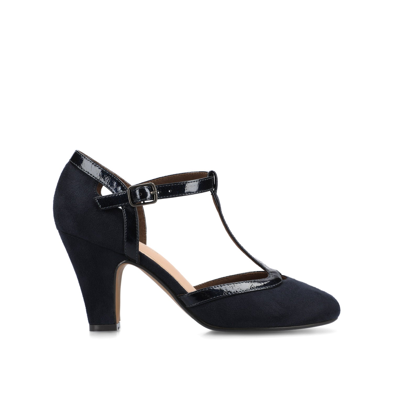 Journee OLINA T-STRAP PUMP HEELS IN VEGAN LEATHER - Navy Suede