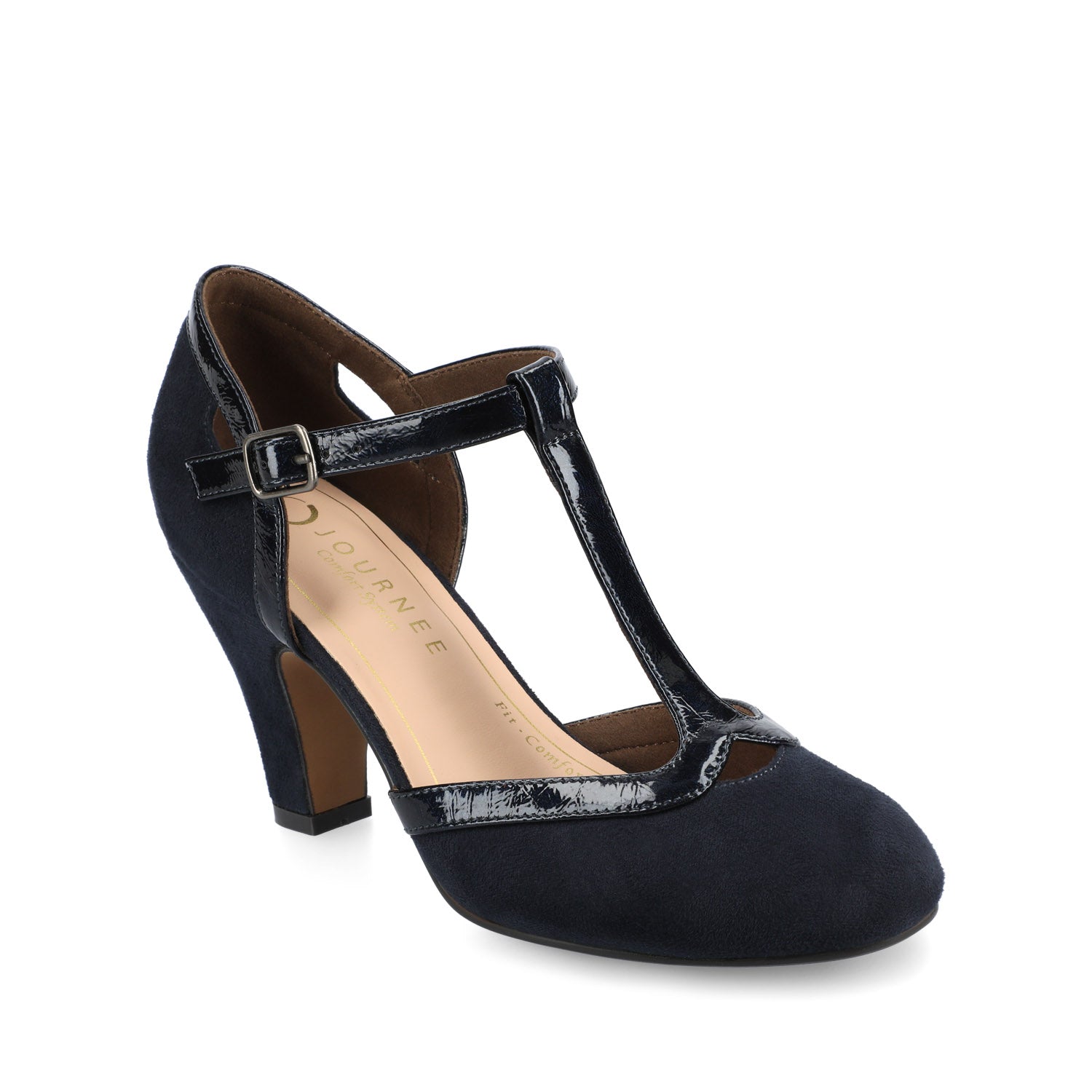 Journee OLINA T-STRAP PUMP HEELS IN VEGAN LEATHER - Navy Suede