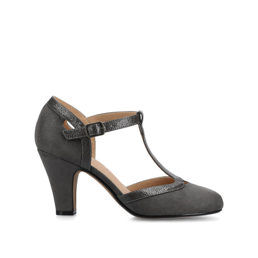 Journee OLINA T-STRAP PUMP HEELS IN VEGAN LEATHER - Grey Suede