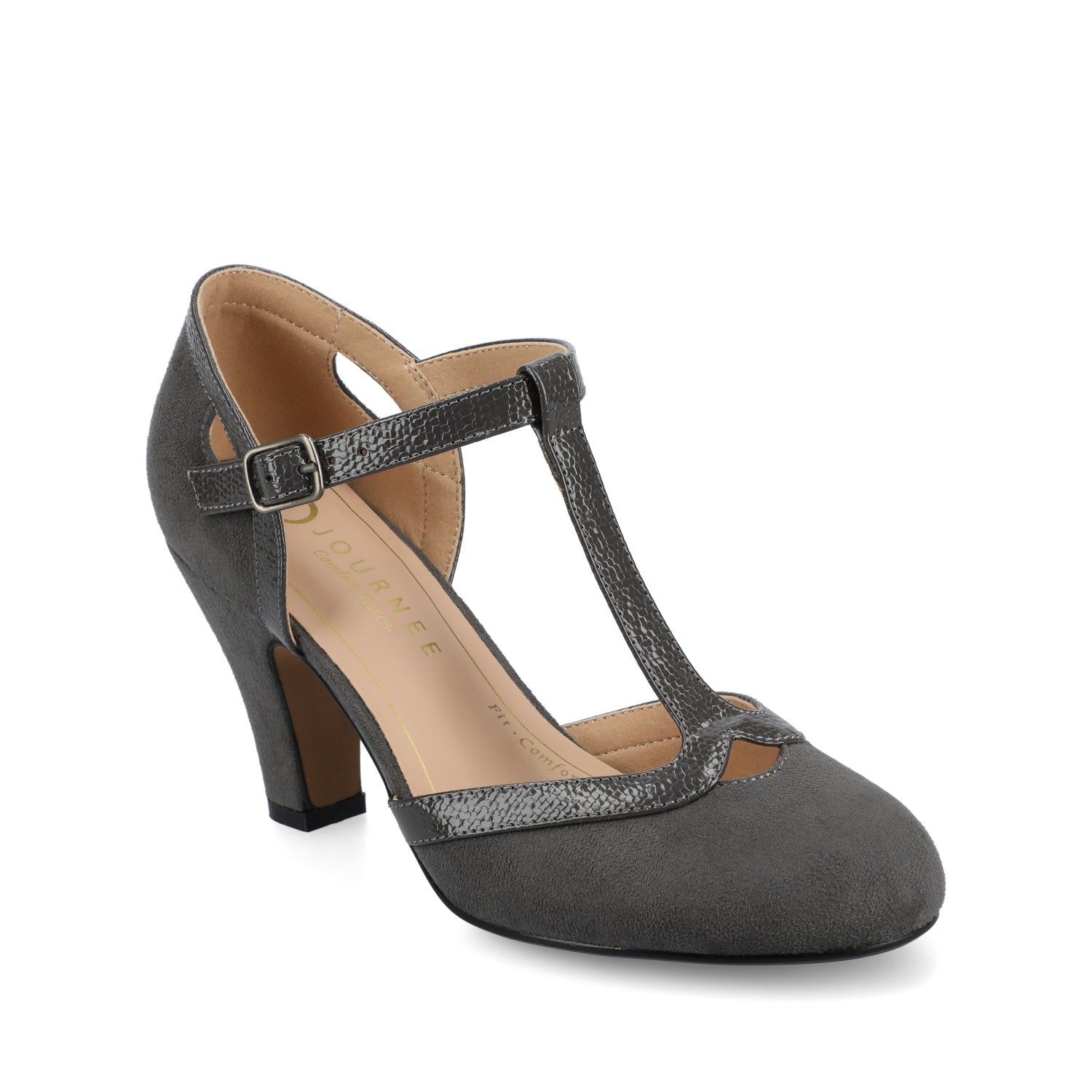 Journee OLINA T-STRAP PUMP HEELS IN VEGAN LEATHER - Grey Suede