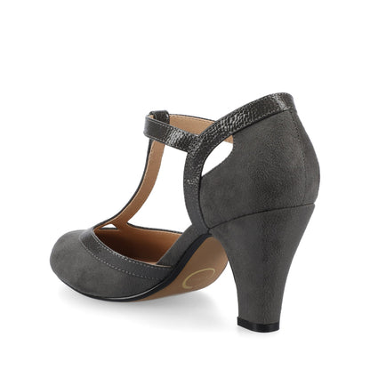 Journee OLINA T-STRAP PUMP HEELS IN VEGAN LEATHER - Grey Suede
