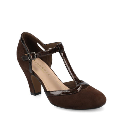 Journee OLINA T-STRAP PUMP HEELS IN VEGAN LEATHER - Chocolate Suede