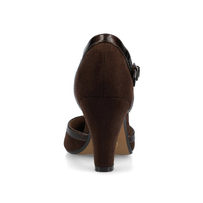 Journee OLINA T-STRAP PUMP HEELS IN VEGAN LEATHER - Chocolate Suede