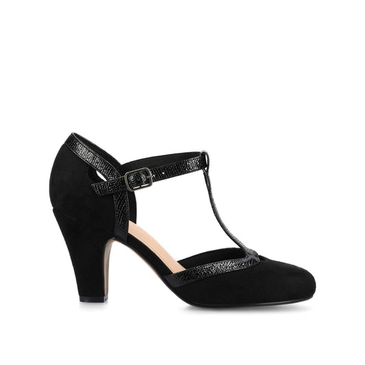 Journee OLINA T-STRAP PUMP HEELS IN VEGAN LEATHER - Black Suede