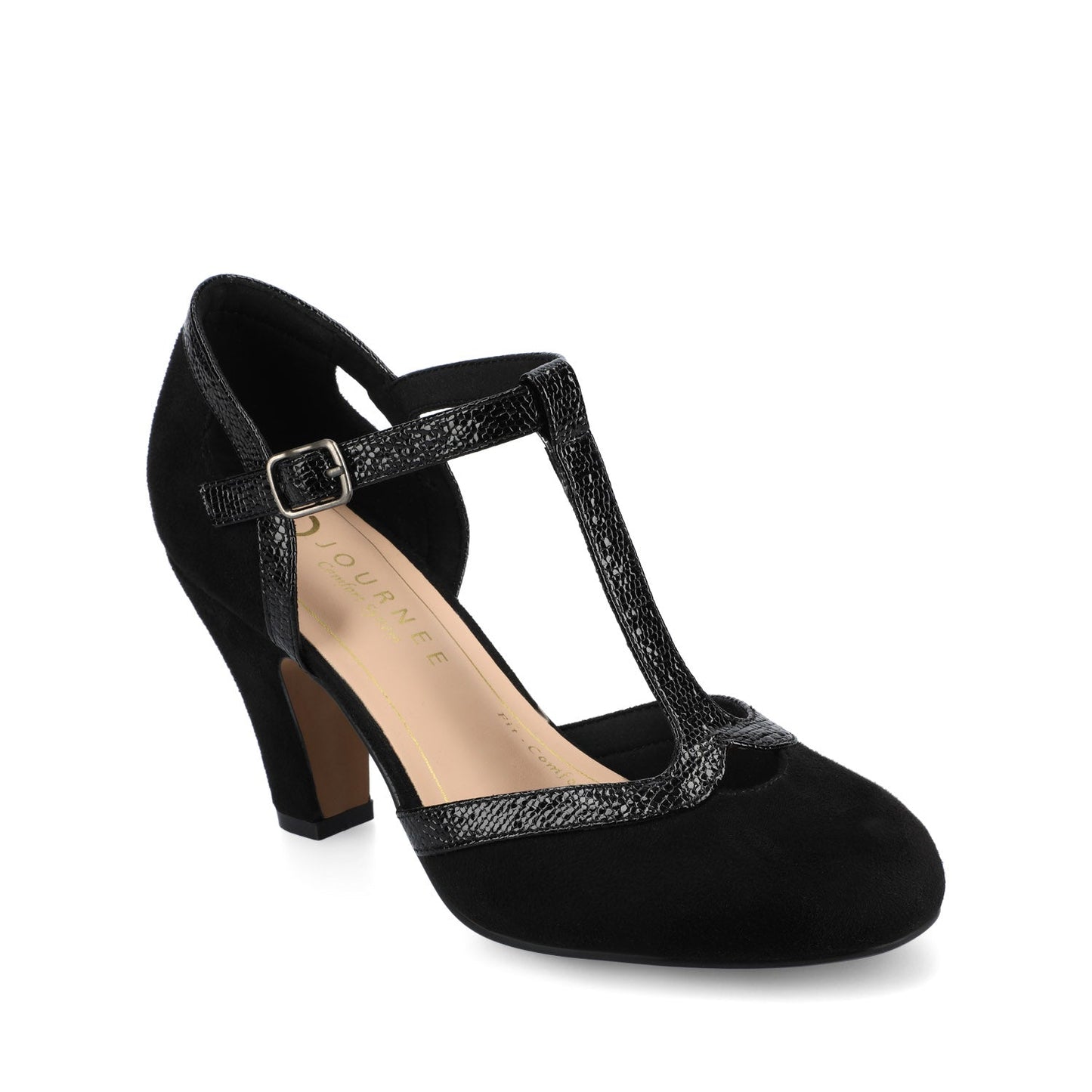 Journee OLINA T-STRAP PUMP HEELS IN VEGAN LEATHER - Black Suede