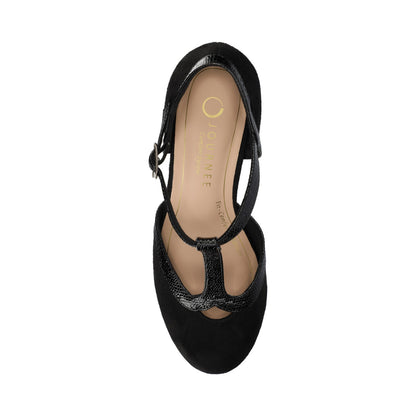 Journee OLINA T-STRAP PUMP HEELS IN VEGAN LEATHER - Black Suede