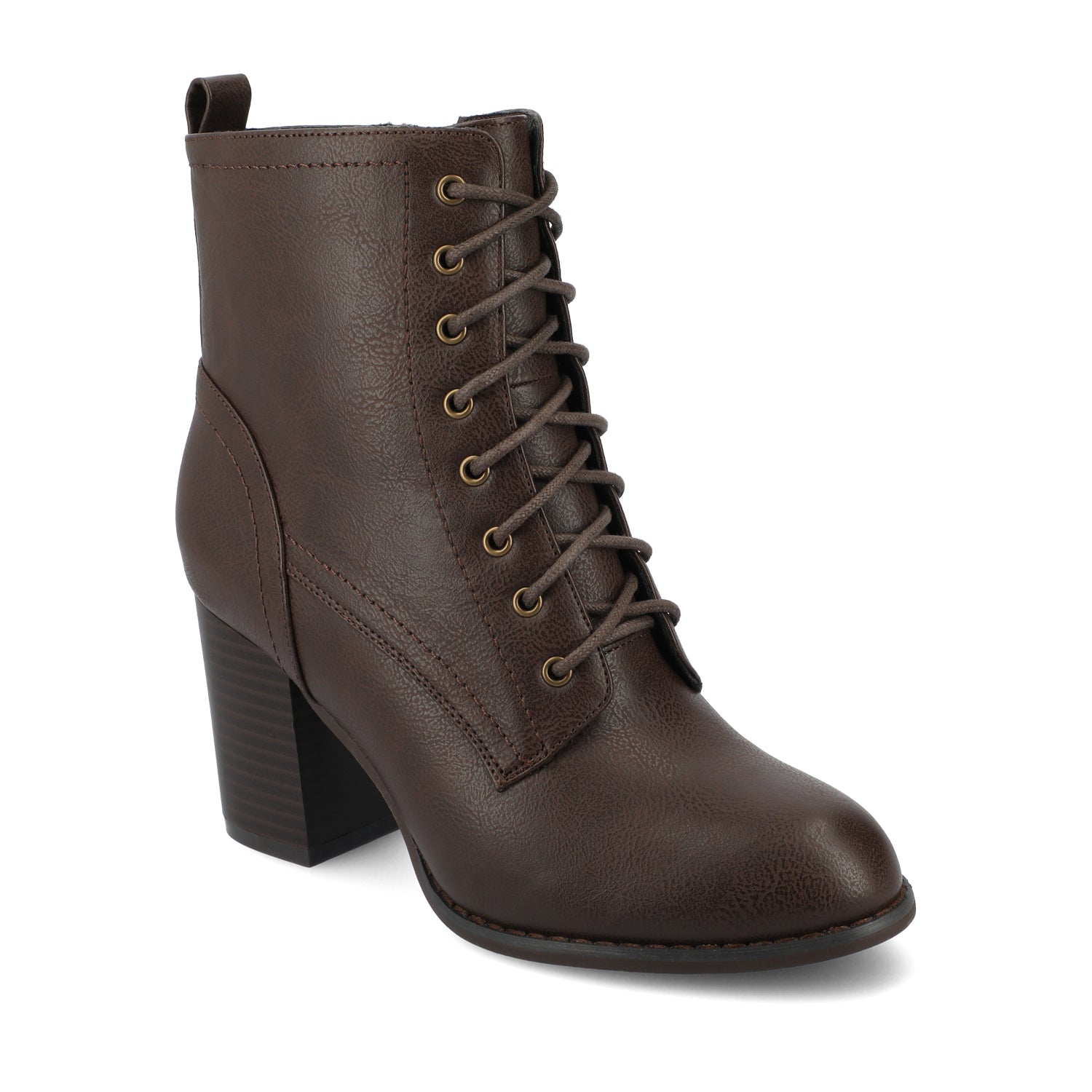 Journee BAYLOR VEGAN LEATHER LACE-UP BOOTIES IN WIDE - Brown PU