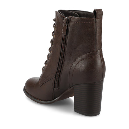 Journee BAYLOR VEGAN LEATHER LACE-UP BOOTIES IN WIDE - Brown PU