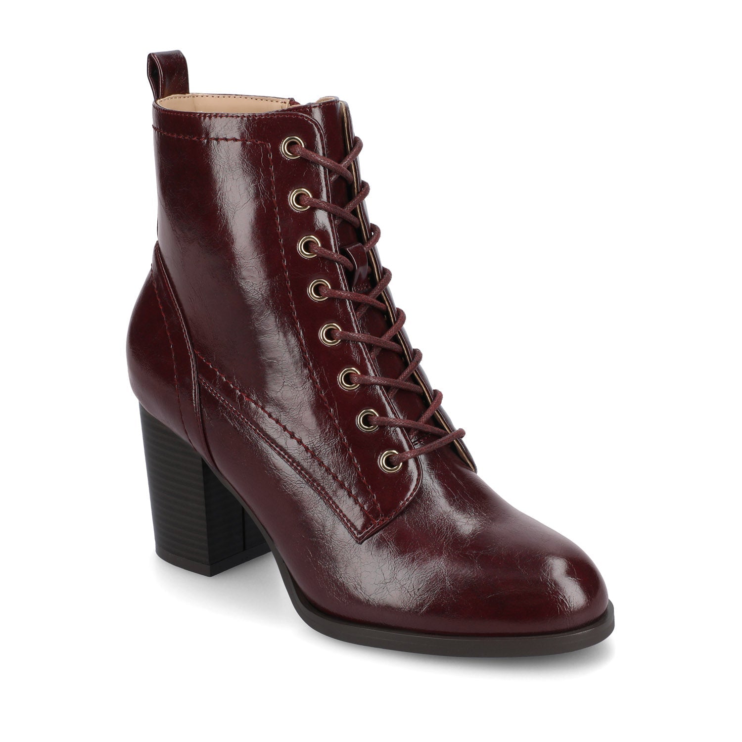 Journee BAYLOR VEGAN LEATHER LACE-UP BOOTIES IN WIDE - Oxblood Patent