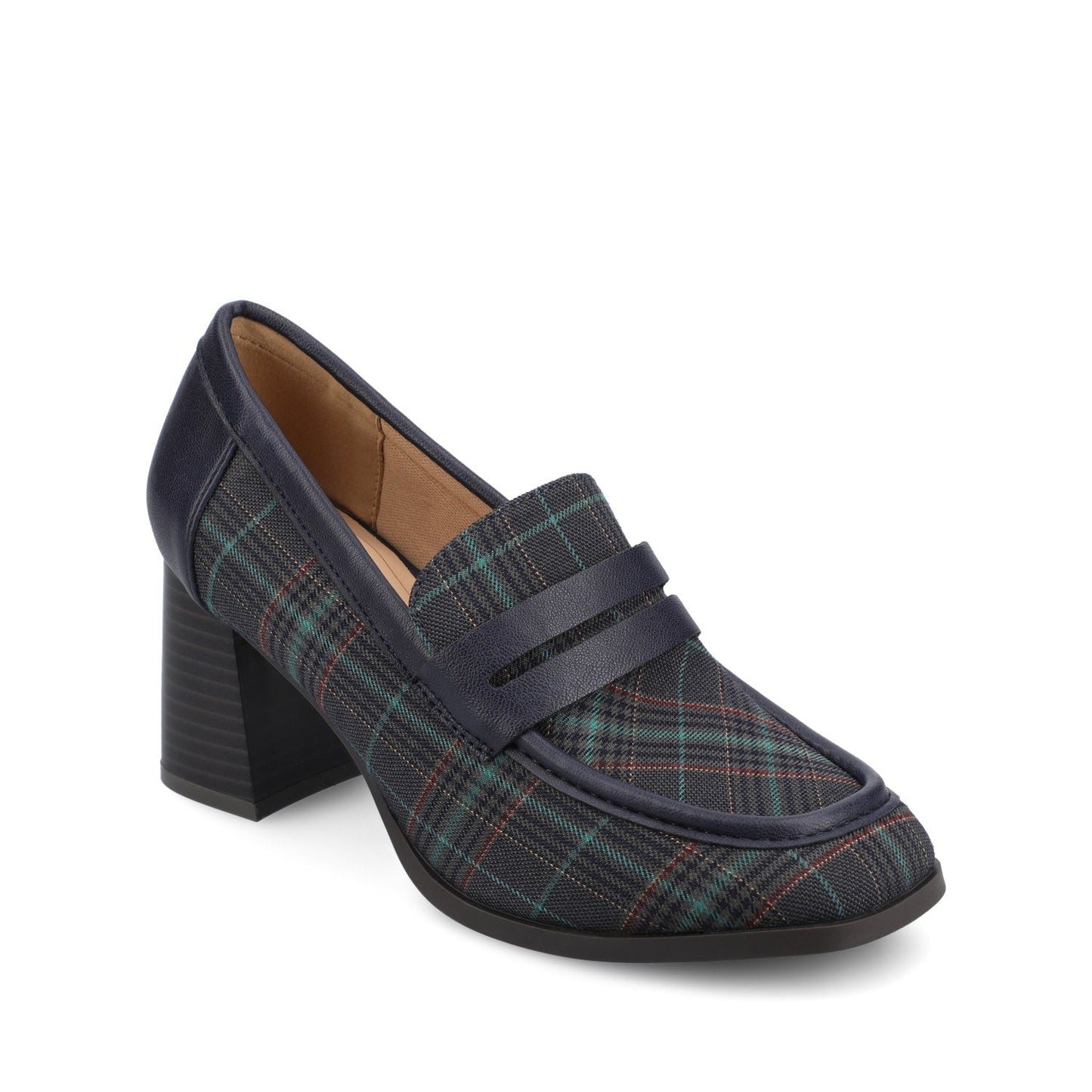 Journee MALLEAH BLOCK HEEL LOAFERS IN WIDE - Navy Plaid