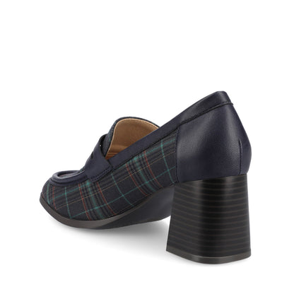 Journee MALLEAH BLOCK HEEL LOAFERS IN WIDE - Navy Plaid
